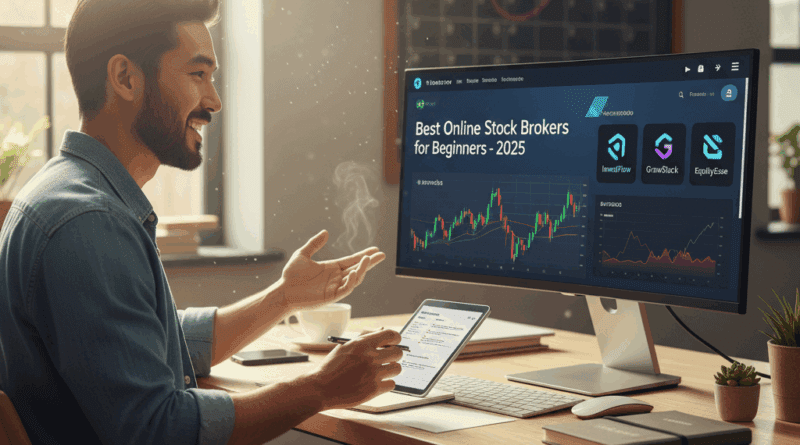 Young man happily reviewing online stock brokers for beginners on computer, showing charts and investment platforms.