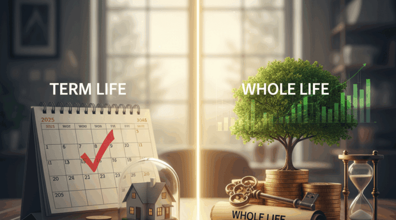 Visual comparison of Term Life vs. Whole Life Insurance, with calendar and house under dome for Term Life, and growing tree with coins for Whole Life.