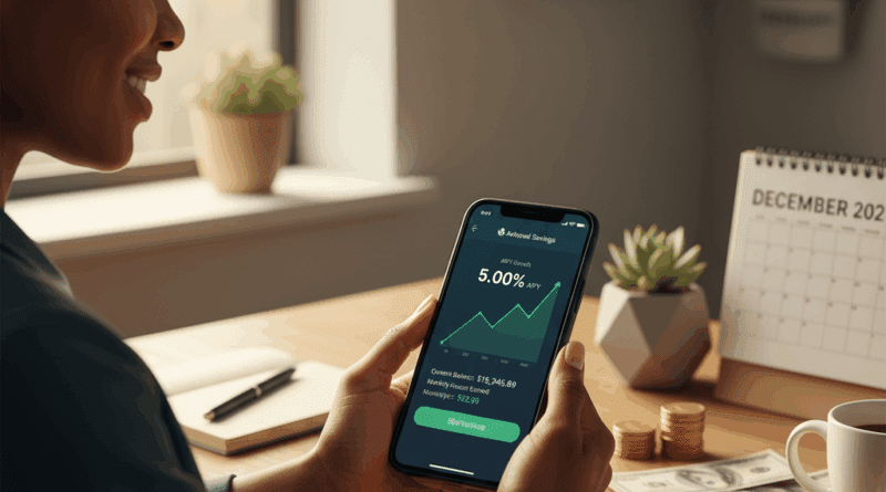 Woman checking high-yield savings account (HYSA) growth on smartphone with money and calendar on desk, showing 5.00% APY.